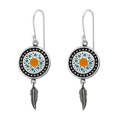 Silver Ethnic Earrings with Epoxy and Hanging Feather Sterling Silver Earrings with Epoxy