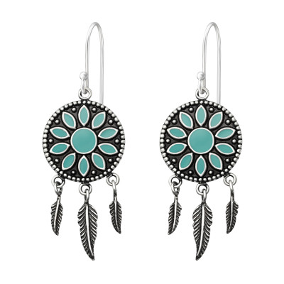 Silver Ethnic Earrings with Epoxy and Hanging Feather Sterling Silver Earrings with Epoxy