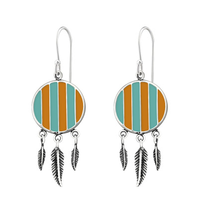 Silver Ethnic Earrings with Epoxy and Hanging Feather