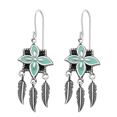 Silver Flower Earring with Hanging Feather and Epoxy