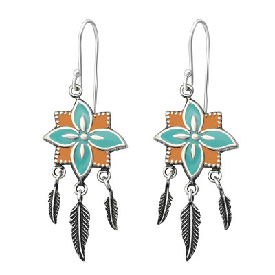 Silver Ethnic Earrings with Epoxy and Hanging Feather Sterling Silver Earrings with Epoxy