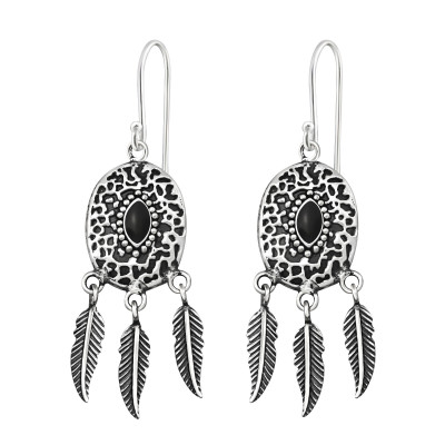 Silver Ethnic Earring with Hanging Feather and Epoxy