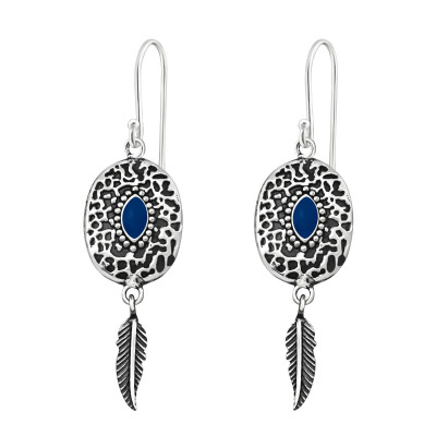 Silver Ethnic Earrings with Epoxy and Hanging Feather