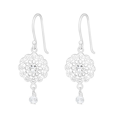 Silver Flower Earrings with Crystal