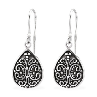 Silver Patterned Drop Bali Earrings