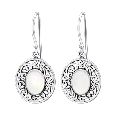 Silver Oval Bali Earrings with Imitation Stone