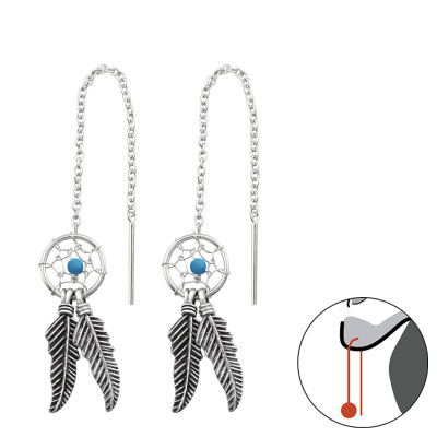 Silver Dreamcatcher thread through Earrings with Imitation Turquoise