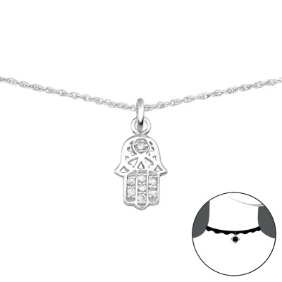 Silver Hamsa Choker with Cubic Zirconia