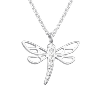 Silver Dragonfly Necklace with Cubic Zirconia