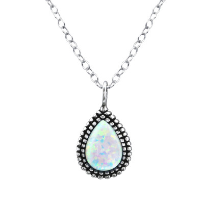 Silver Pear Necklace with Synthetic Opal