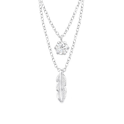 Silver Feather Layer Necklace with Cubic Zirconia