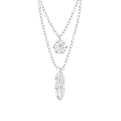 Silver Feather Layer Necklace with Cubic Zirconia