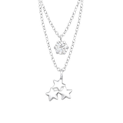 Silver Triple Star Layer Necklace with Cubic Zirconia