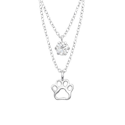 Silver Paw Print  Layer Necklace with Cubic Zirconia