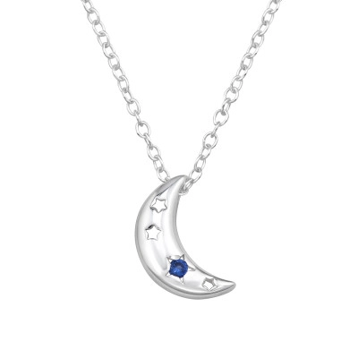 Crescent Moon with Stars Sterling Silver Necklace with Cubic Zirconia