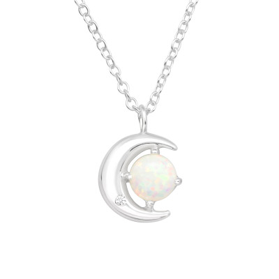 Silver Moon Necklace with Cubic Zirconia and Synthetic Opal