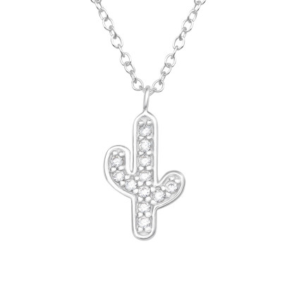 Silver Cactus Necklace with Cubic Zirconia