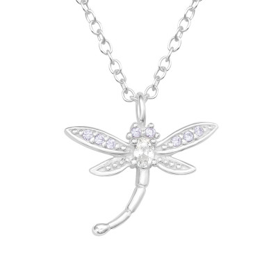 Silver Dragonfly Necklace with Cubic Zirconia