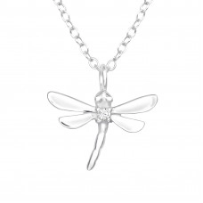 Silver Dragonfly Necklace with Cubic Zirconia