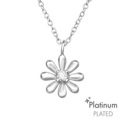Silver Flower Necklace with Cubic Zirconia