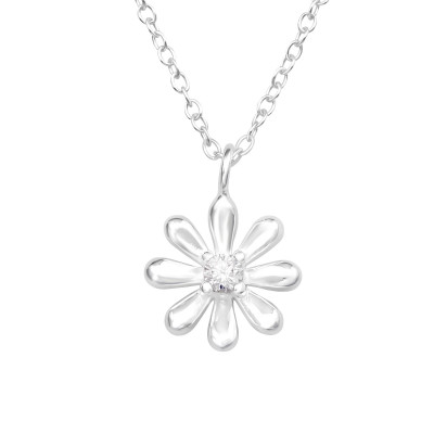 Silver Flower Necklace with Cubic Zirconia