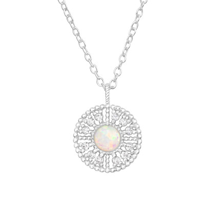 Silver Round Necklace with Cubic Zirconia and Synthetic Opal