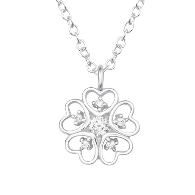 Silver Heart Clover Necklace with Cubic Zirconia