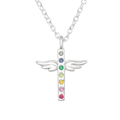 Silver Wing Cross Necklace with Cubic Zirconia