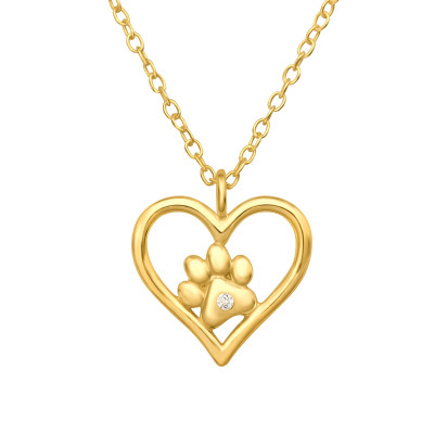 Silver Heart and Paw Print Necklace with Cubic Zirconia