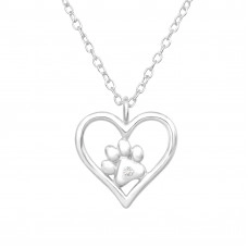 Silver Heart and Paw Print Necklace with Cubic Zirconia