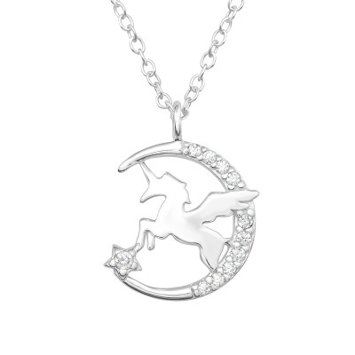 Silver Unicorn and Moon Necklace with Cubic Zirconia