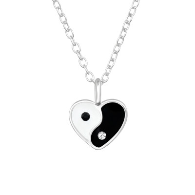 Yin Yang Heart Sterling Silver Necklace with Crystal and Epoxy