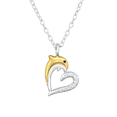 Dolphin Heart Sterling Silver Necklace with Cubic Zirconia and Epoxy