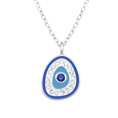 Turkish Evil Eye Sterling Silver Necklace with Cubic Zirconia,Crystal and Epoxy