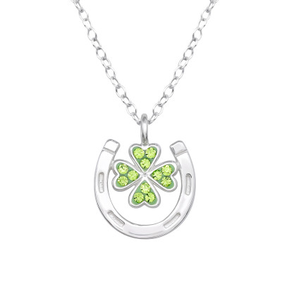 Horseshoe and Lucky Clover Sterling Silver Necklace with Crystal