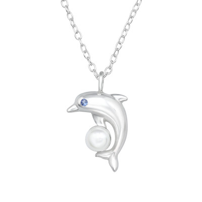 Dolphin Sterling Silver Necklace with Cubic Zirconia and Plastic Pearl