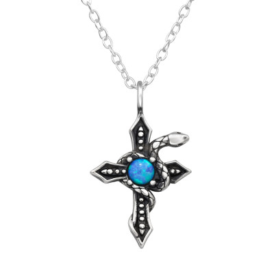 Serpent Cross Sterling Silver Necklace with Synthetic Opal