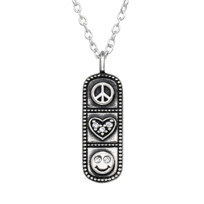 Peace, Heart and Smiley Sterling Silver Necklace with Cubic Zirconia