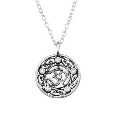 Om Symbol Sterling Silver Necklace with Cubic Zirconia