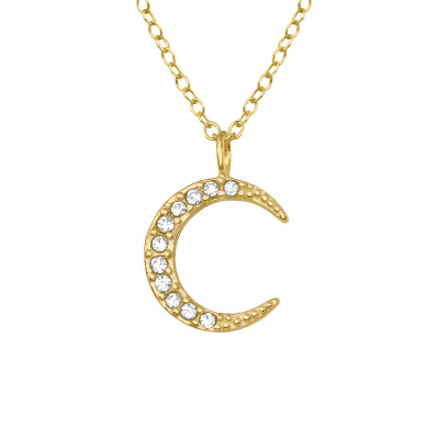 Silver Crescent Moon Necklace with Crystal
