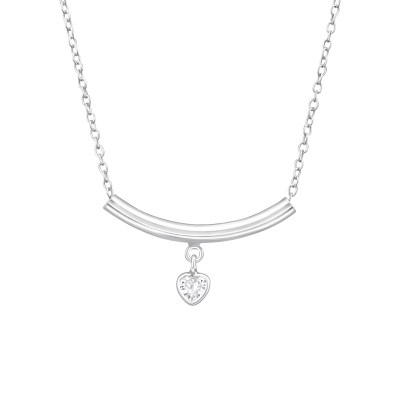 Curved Bar with Hanging Heart Sterling Silver Necklace with Cubic Zirconia