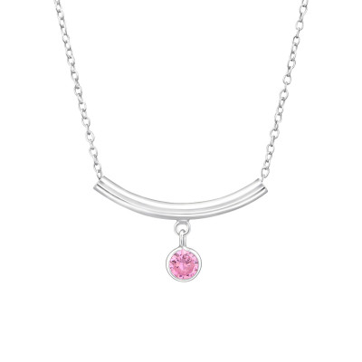 Curved Bar with Hanging Round Sterling Silver Necklace with Cubic Zirconia