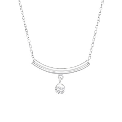 Silver Curved Bar Necklace with Hanging Round and Crystal