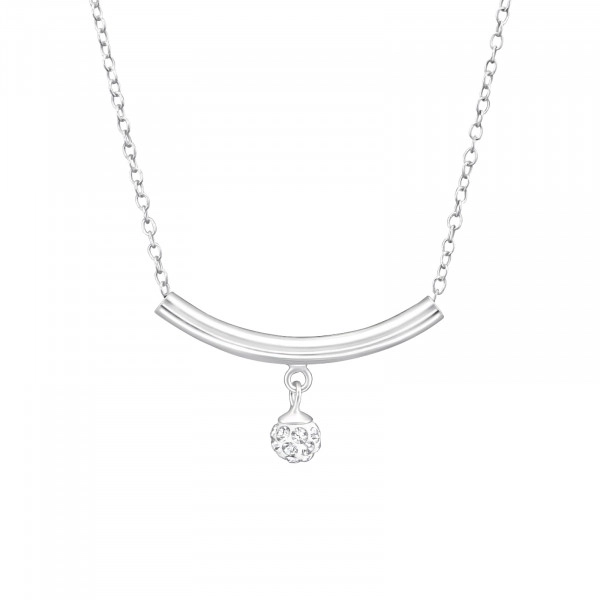 Silver Curved Bar Necklace with Hanging Round and Crystal
