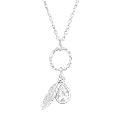 Silver Feather Necklace with Cubic Zirconia