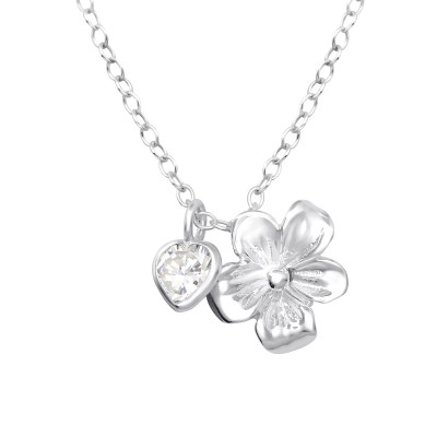 Silver Flower Necklace with Cubic Zirconia