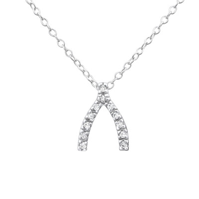 Silver Wishbone Necklace with Cubic Zirconia