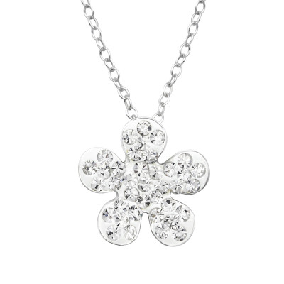 Flower Sterling Silver Necklace with Crystal