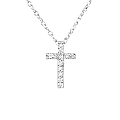 Silver Crystal Cross Necklace with Cubic Zirconia