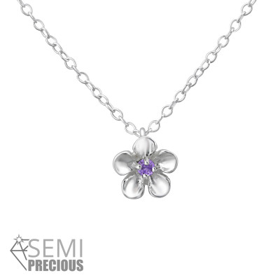 Silver Flower Necklace with Semi Precious